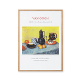 Still life with coffee pot, dishes and fruit